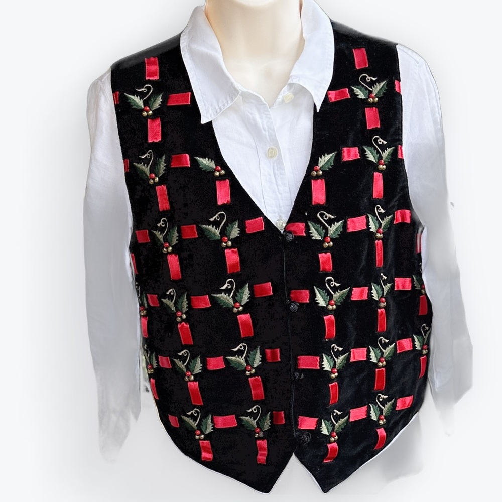 Retro Christmas Holiday Festive Black Velvet Holly & Woven Red Ribbons Vest ~ S